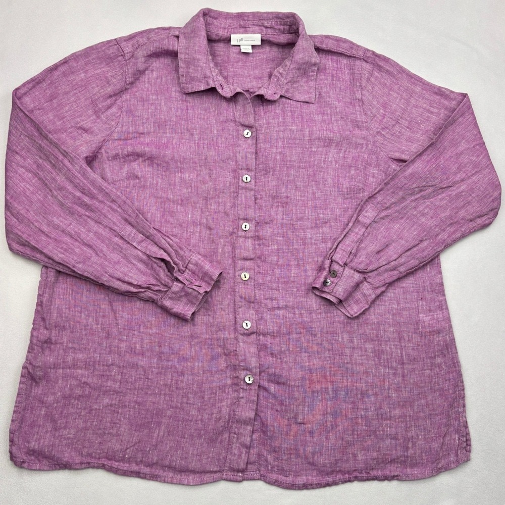 JJill Love Linen Shirt Womens Medium Petite Plum Purple Button Down Tunic 290112